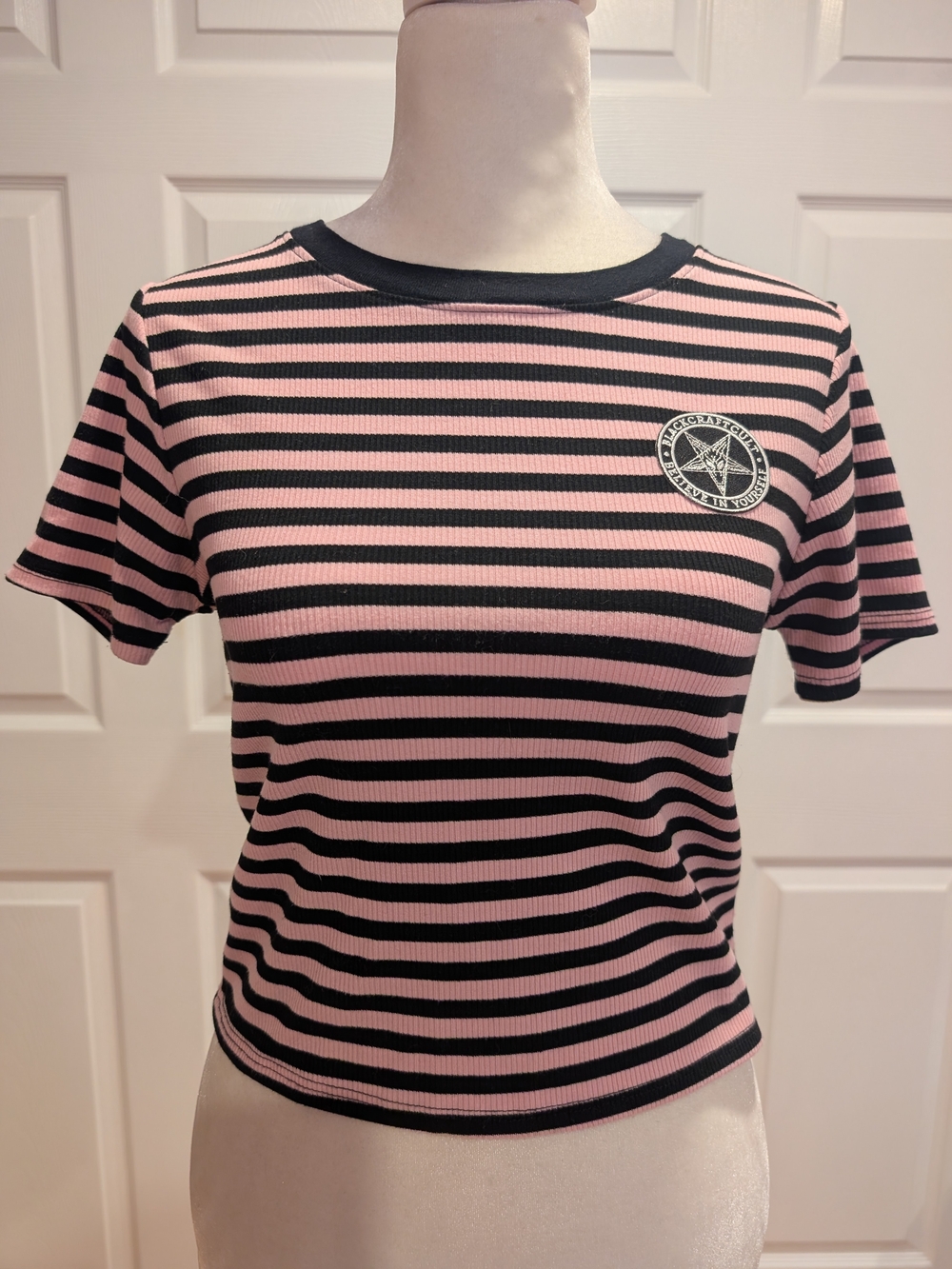 Blackcraft Cult Striped Pink & Black Short-Sleeve Ribbed Tee with Chest Patch